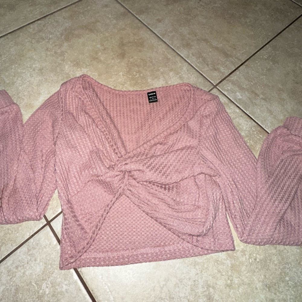 SHEIN EZwear Waffle Knit Twist-Front Crop Top Dusty Pink size Small